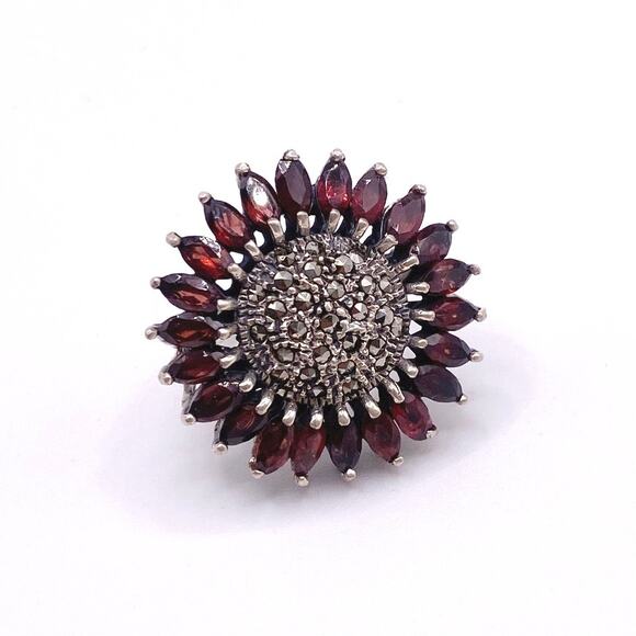 Sterling Silver SunFlower With Garnets and Marcasite 7.5” - Picture 5 of 8